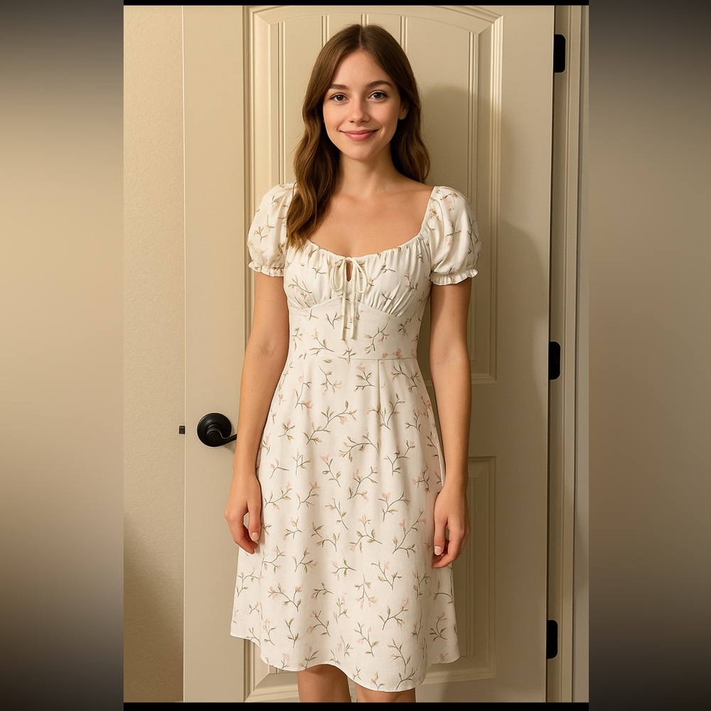 Hollister Pink and White Flutter Sleeve Mini Sundress